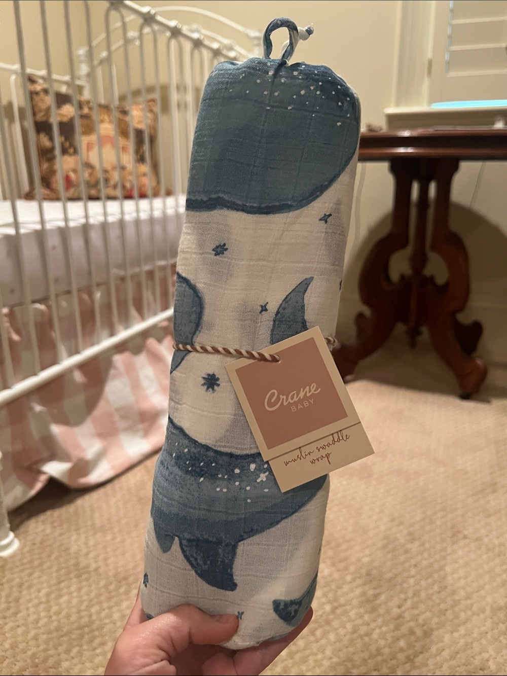NWT Crane Baby Blue Moon Whale Muslin Swaddle Blanket